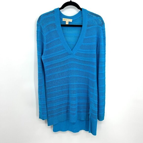 MICHAEL KORS Teal Blue Open Knit V-Neck Hi-Low Tunic Sweater Top Size Medium - Picture 1 of 6